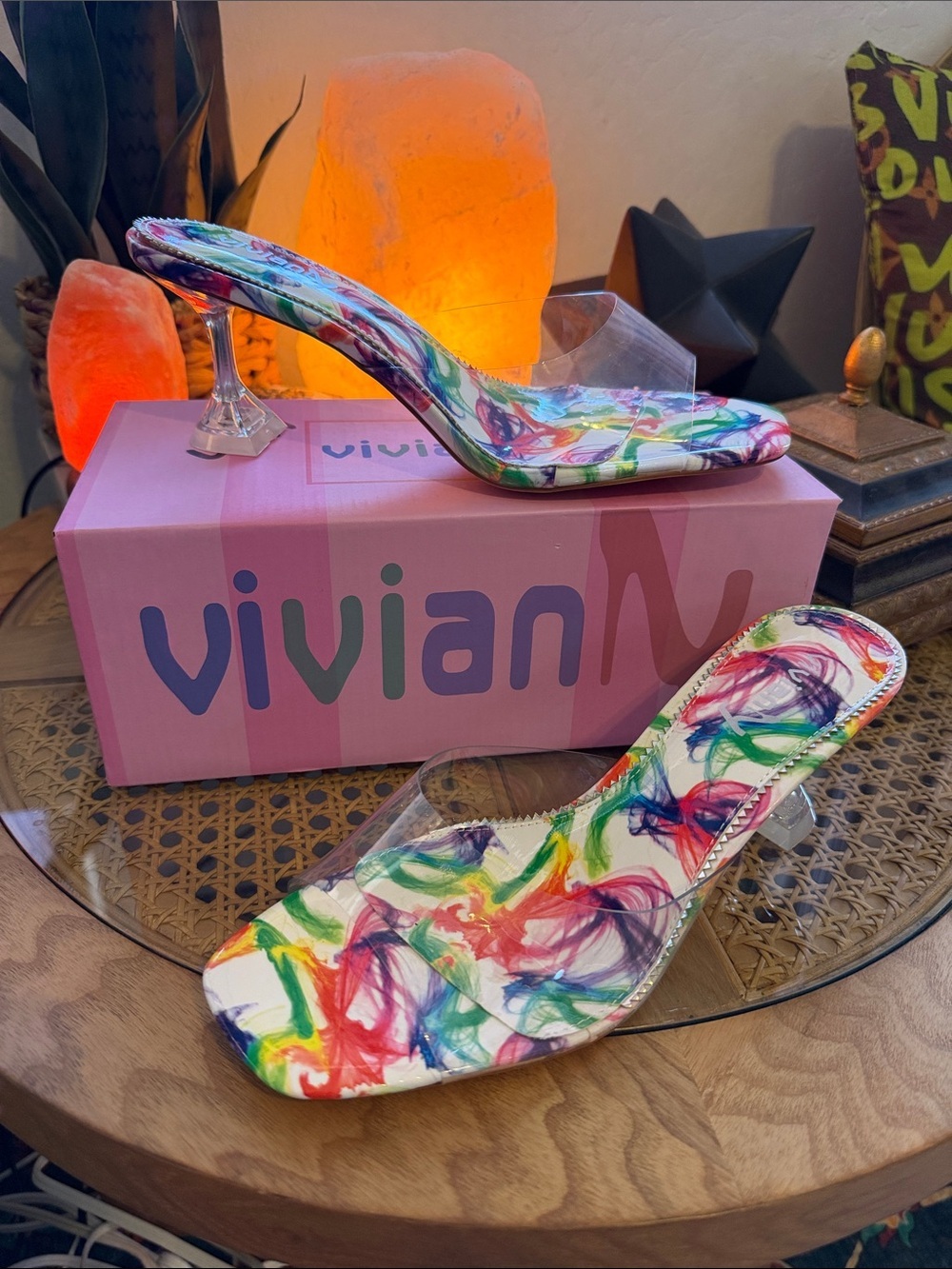 bebe Multicolor Swirl Clear-Strap Mule Heels